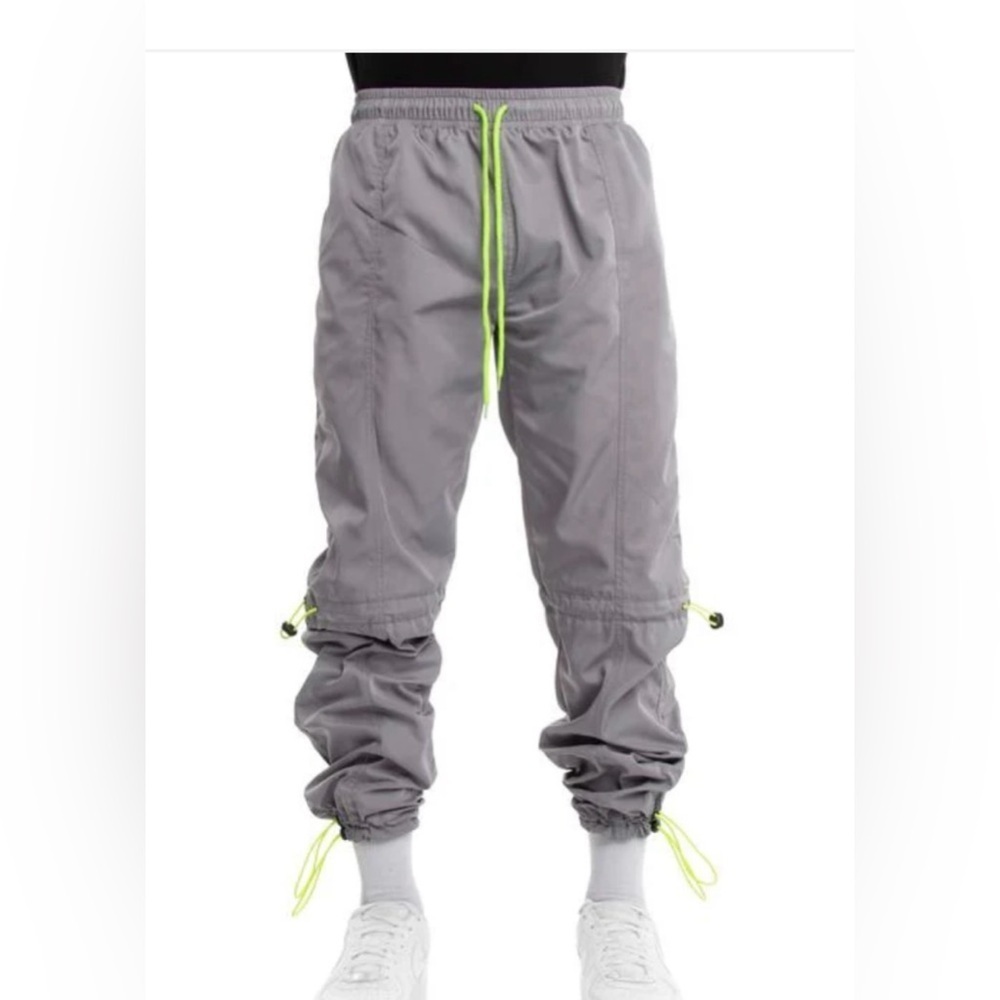 EPTM: HYPER NEON DRAWSTRING TRACK GRAY LIME TRIM PANTS, MEDIUM‎
